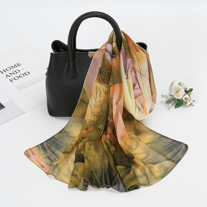 Thin Chiffon Lotus Pond Moonlight Printed Silk Scarf - Ayaalawshop