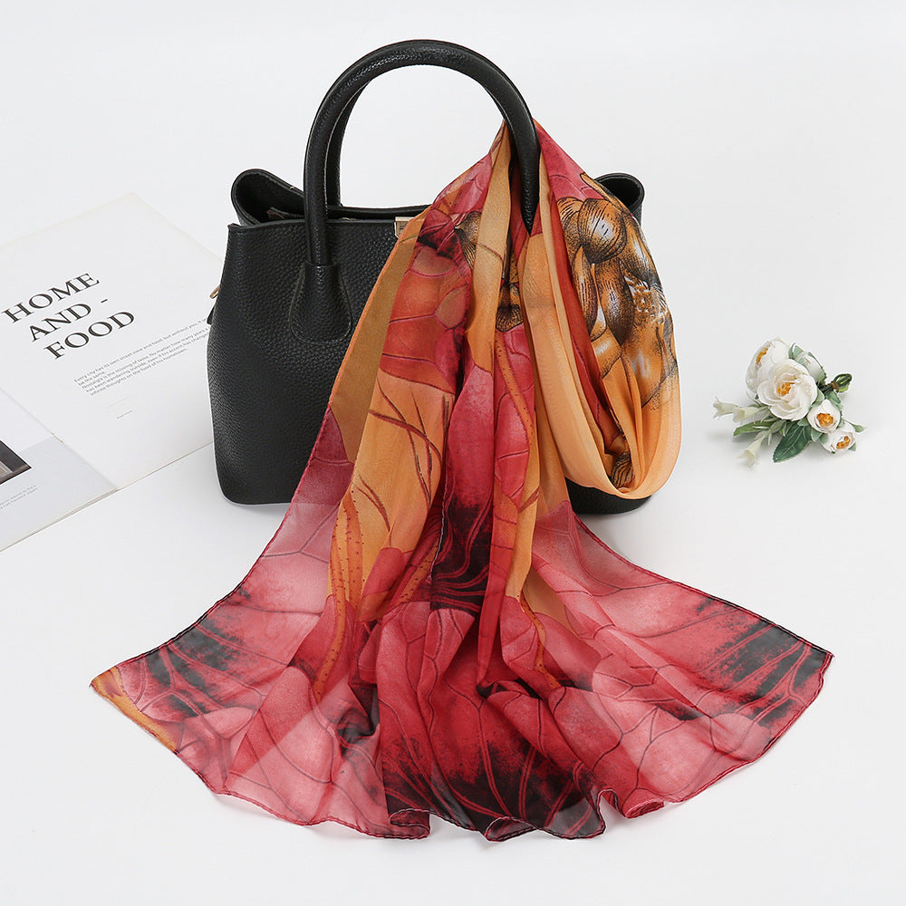 Thin Chiffon Lotus Pond Moonlight Printed Silk Scarf - Ayaalawshop