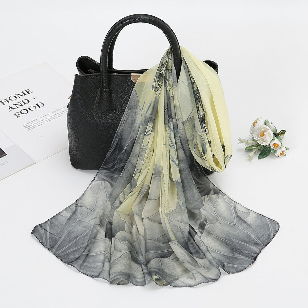 Thin Chiffon Lotus Pond Moonlight Printed Silk Scarf - Ayaalawshop