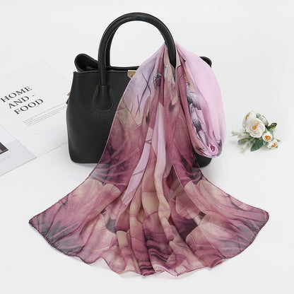Thin Chiffon Lotus Pond Moonlight Printed Silk Scarf - Ayaalawshop
