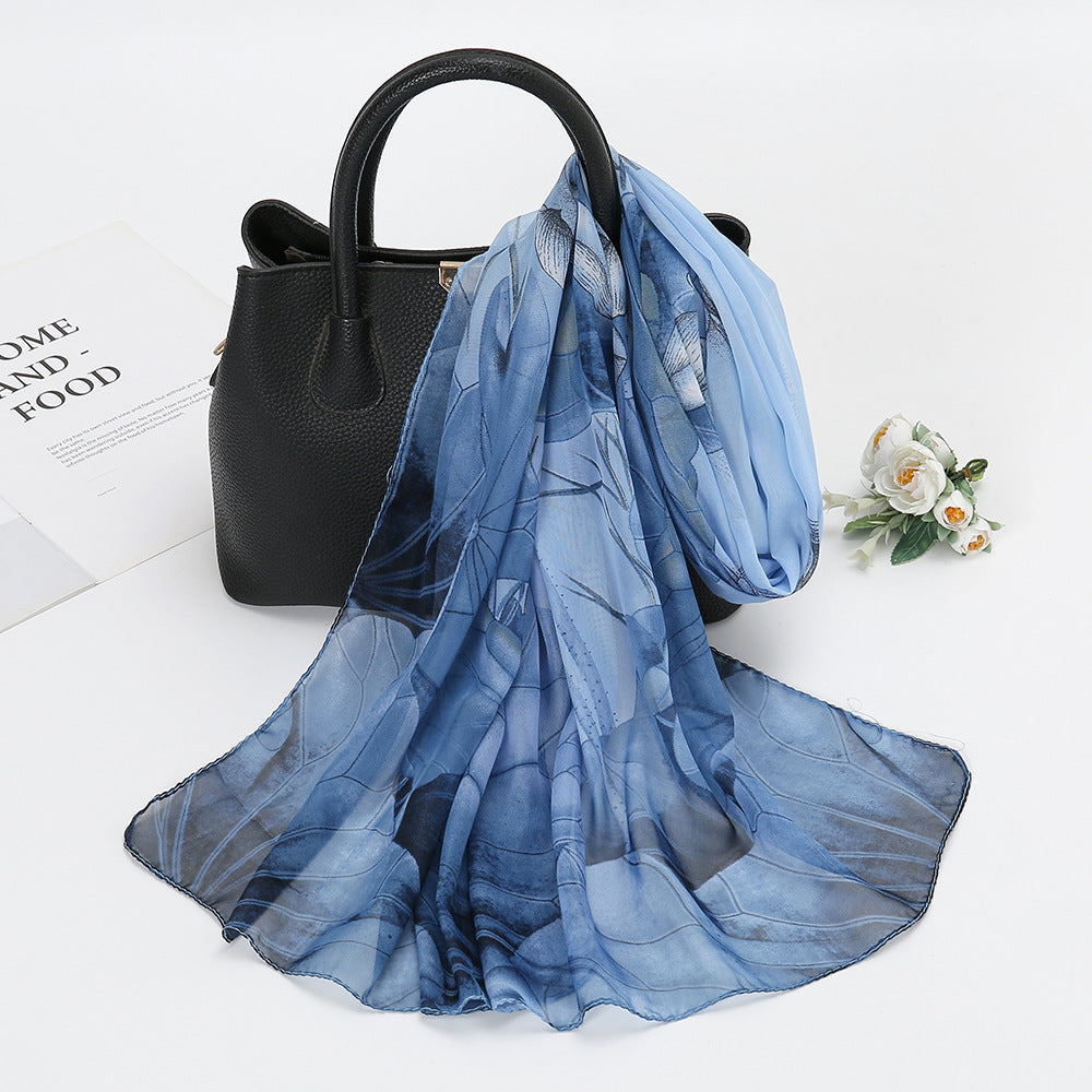 Thin Chiffon Lotus Pond Moonlight Printed Silk Scarf - Ayaalawshop