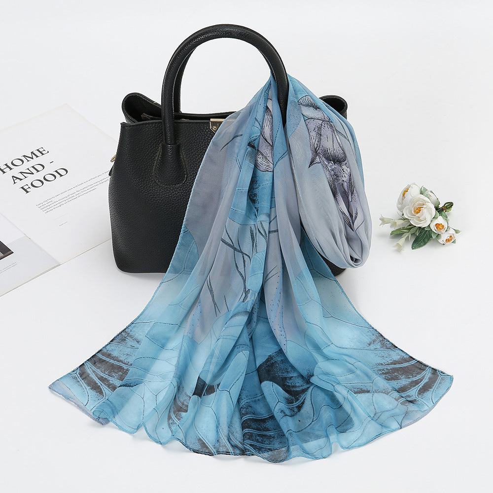 Thin Chiffon Lotus Pond Moonlight Printed Silk Scarf - Ayaalawshop