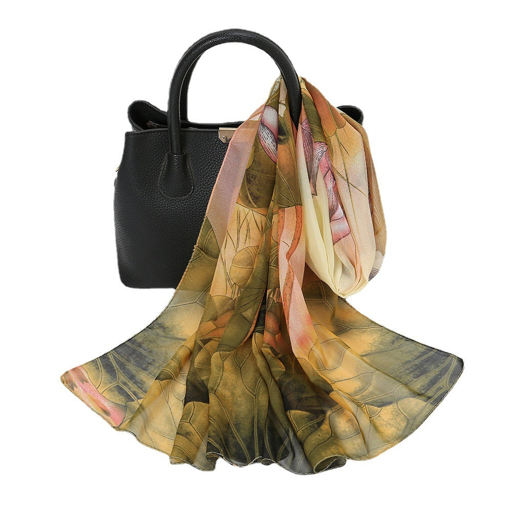 Thin Chiffon Lotus Pond Moonlight Printed Silk Scarf - Ayaalawshop