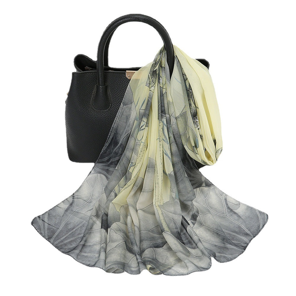 Thin Chiffon Lotus Pond Moonlight Printed Silk Scarf - Ayaalawshop